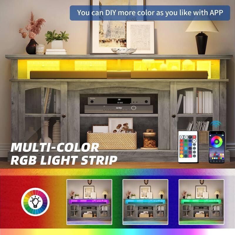 Moasis Farmhouse LED Lights TV Stand with Glass Doors, Entertainment Center w/Shelves for Living Room for TVs up to 65"