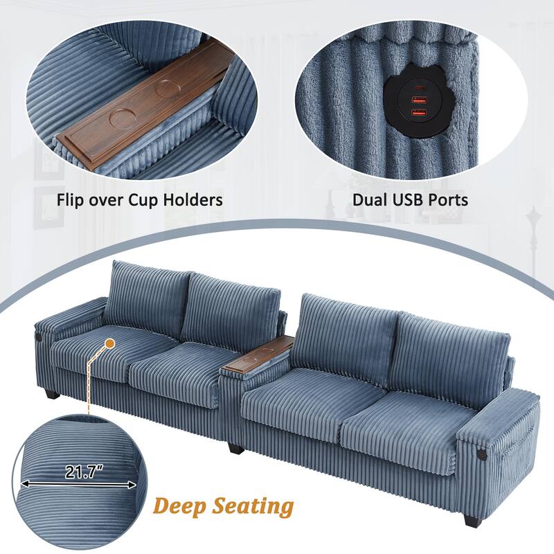 133" Corduroy Sectional Sofa with USB & Flip-Top Storage