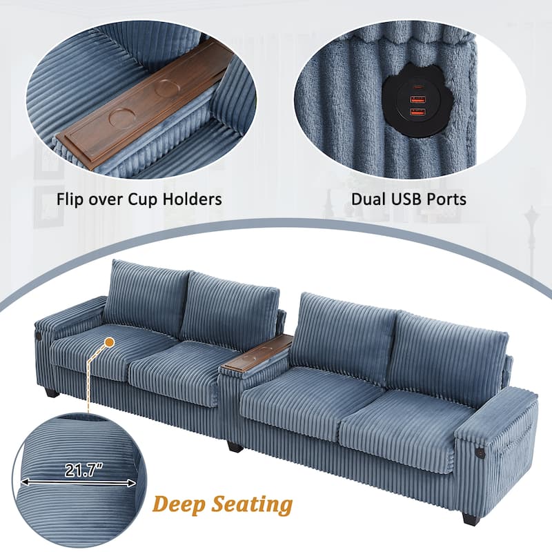 4 Seater Corduroy Sofa Couch with USB Ports and Storage Arms, 133" Modern Sofa with Side Pockets and Flip-Top Cup Holders