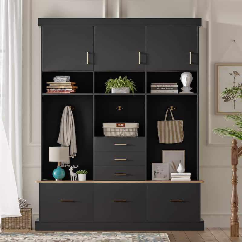 75" Entryway Hall Tree with Bench 5-in-1 Modern Storage Bench with Coat Rack, 6 Drawers, Cabinets & Shelves for Hallway, Mudroom - Black