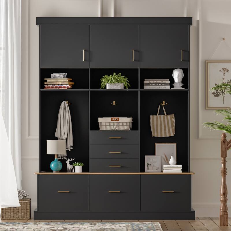 75" Hall Tree with Bench, 6 Drawers, 3 Cabinets & Coat Rack, 5-in-1 Entryway Storage - Black