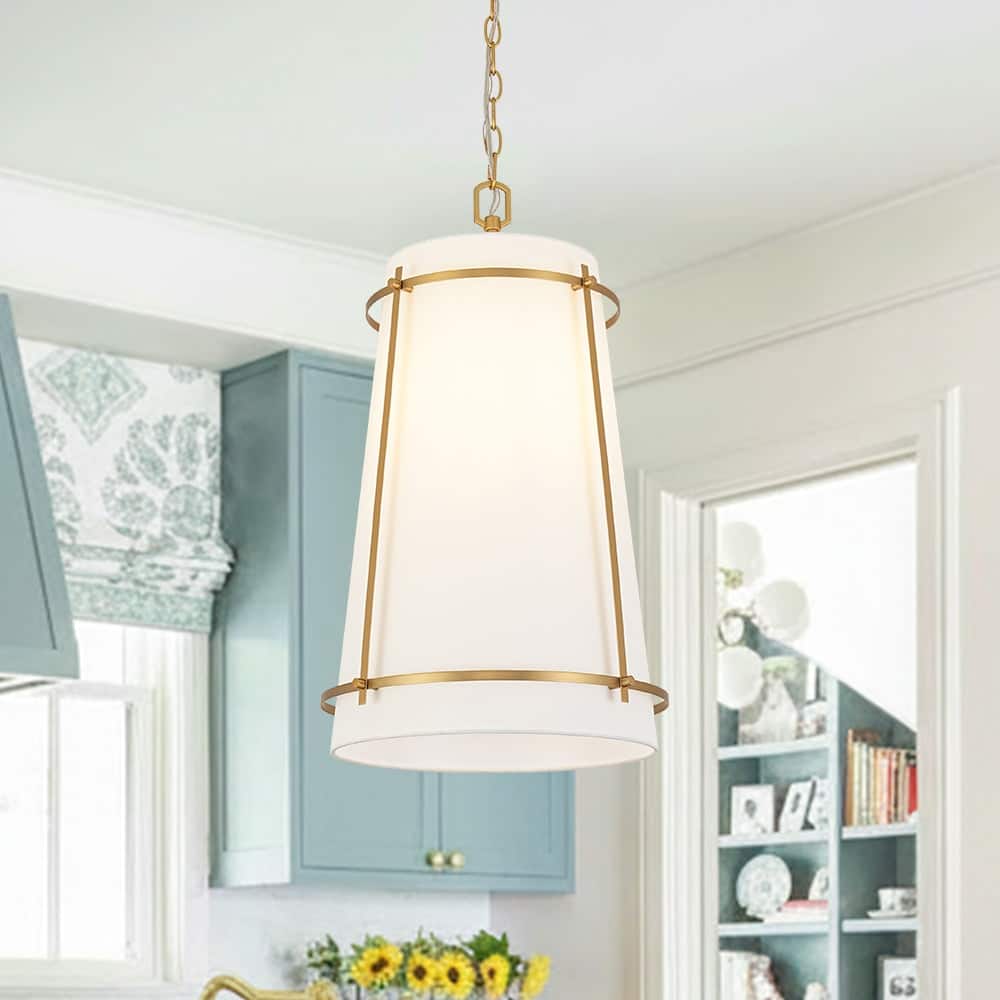 Modern 1-Light Round Cylinder White Fabric Cage Pendant Chandelier