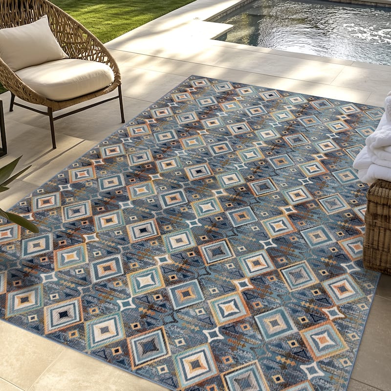 Gertmenian Sierra Kenna Moroccan Bohemian Tribal Grey Navy Blue Indoor/ Outdoor Area Rug