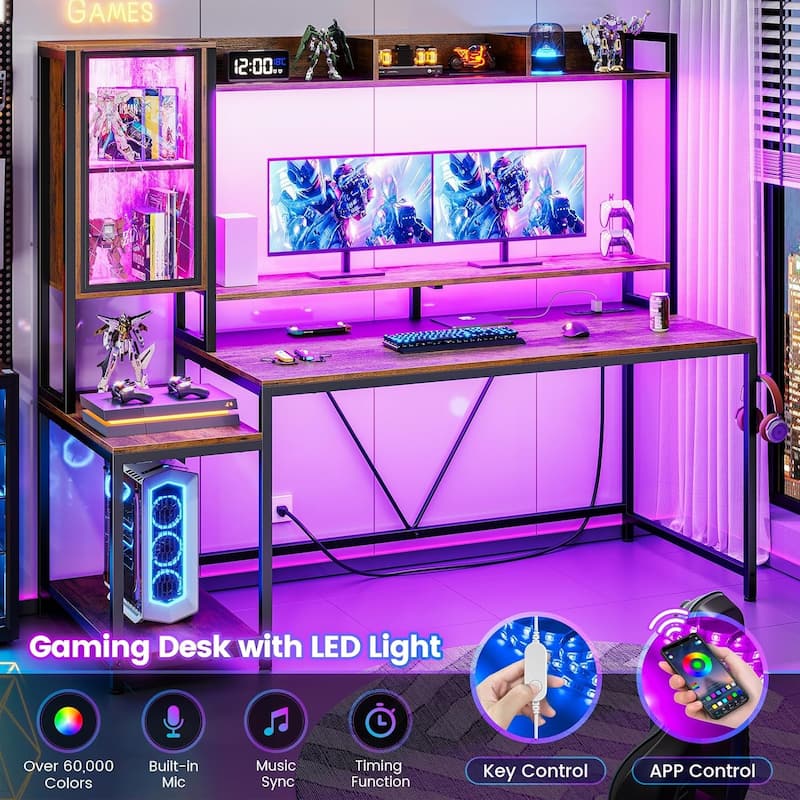 Gaming Desk LED Lights Hutch and Storage Shelves Glass Display Cabinet