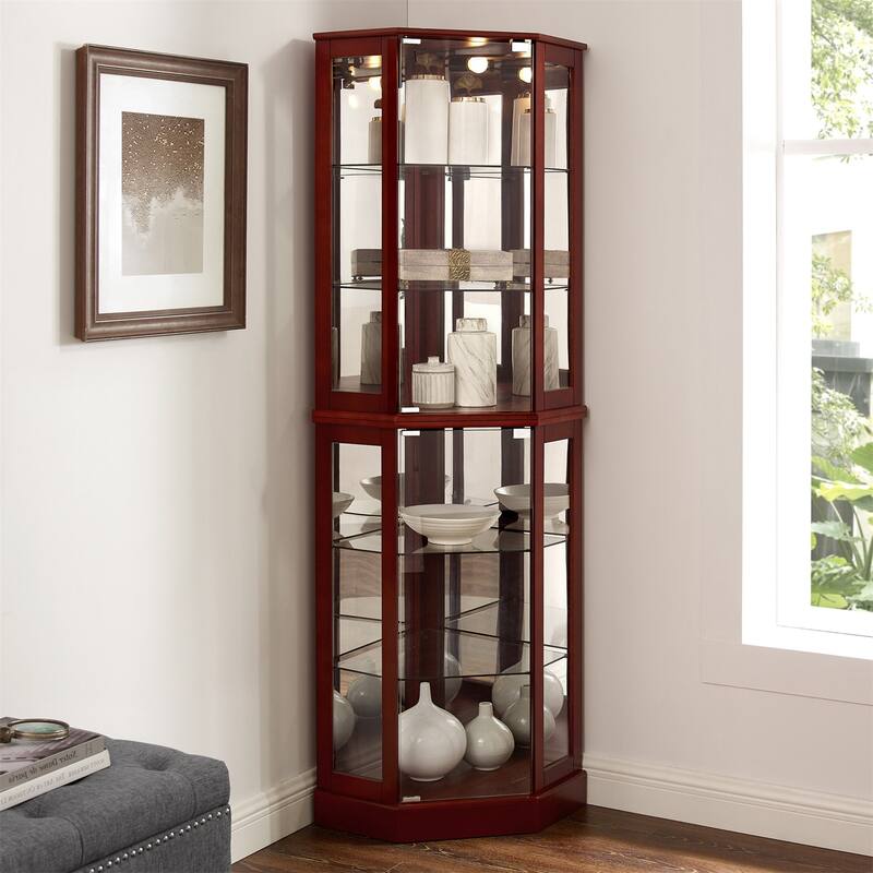 6 Adjustable Shelves Corner Curio Display Cabinet with Mirrors (Light Bulb Not Included)