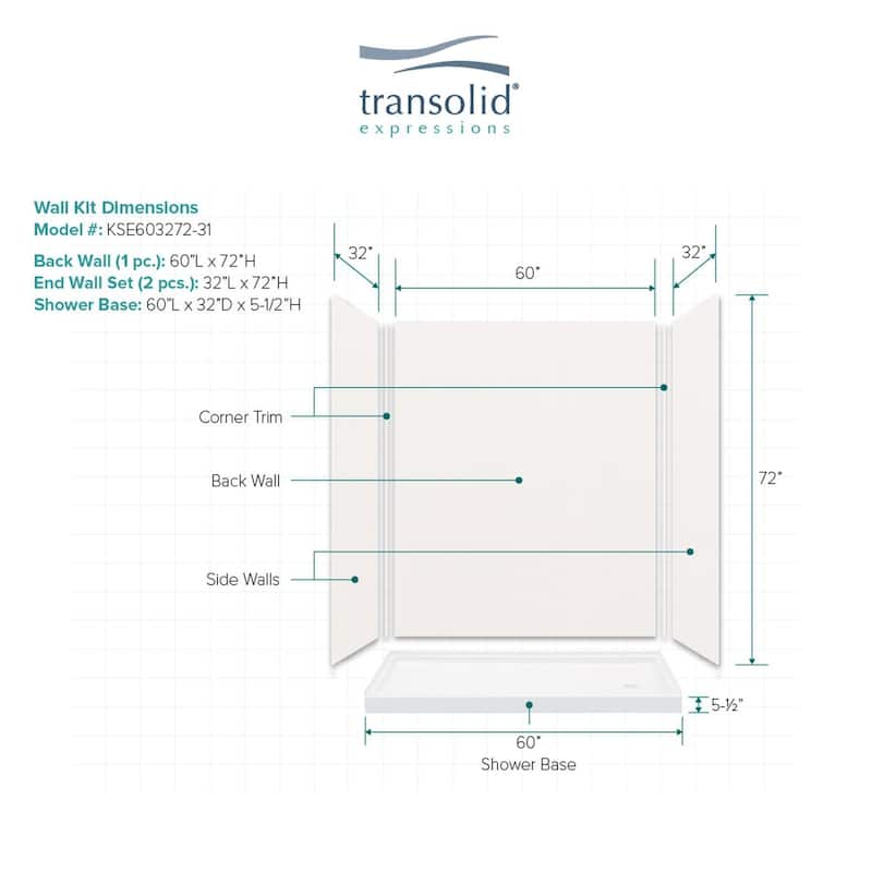 Transolid Expressions 60-in X 32-in X 72-in Glue to Wall Shower Kit - 32" x 60" x 72"