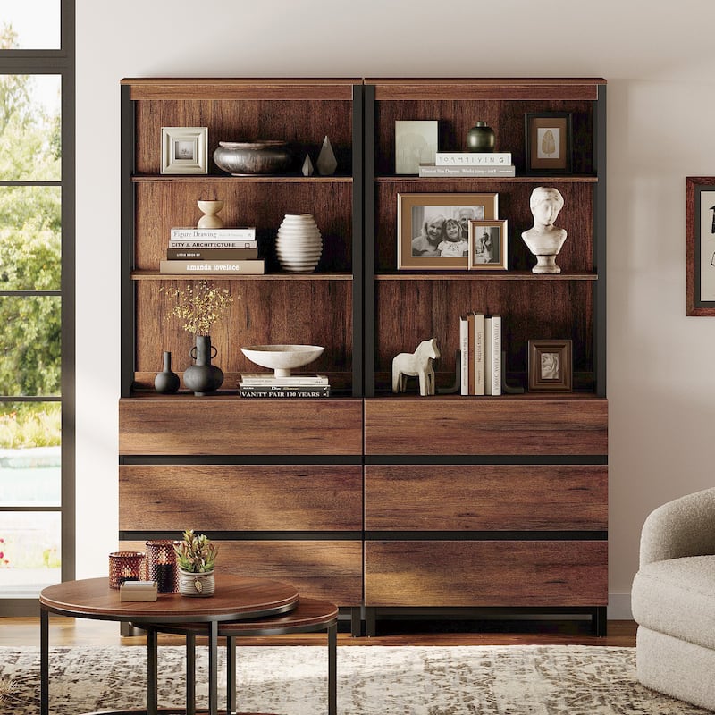 WAMPAT Modern 72" Tall Bookcase with Drawers and Open Book Shelfs, Library Book Shelf for Home Office, Living Room - Brown - 2 Piece