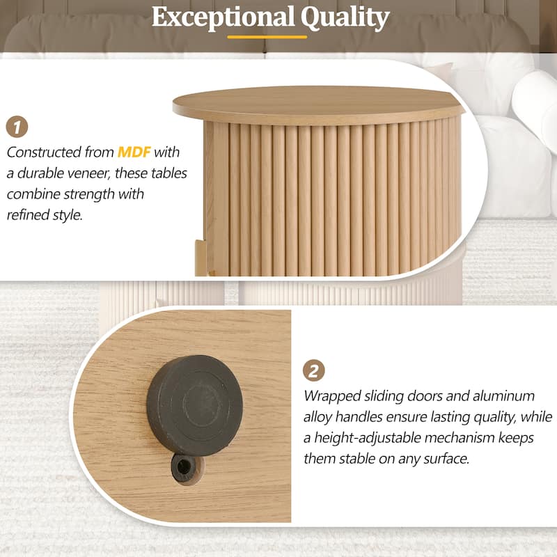 Mid-Century Coffee Table Set of 2 with Sliding Tambour Door, Fluted Design and Golden Handles