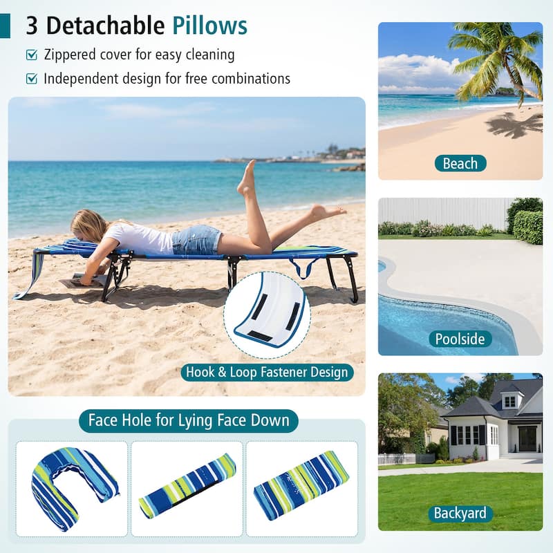 Gymax 2PCS Folding Beach Sun Lounger w/Face Hole Removable Pillows