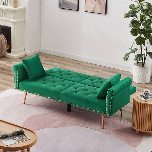 2in1 Convertible Loveseat Bed Green Velvet Recliners Bed w/ Pillows