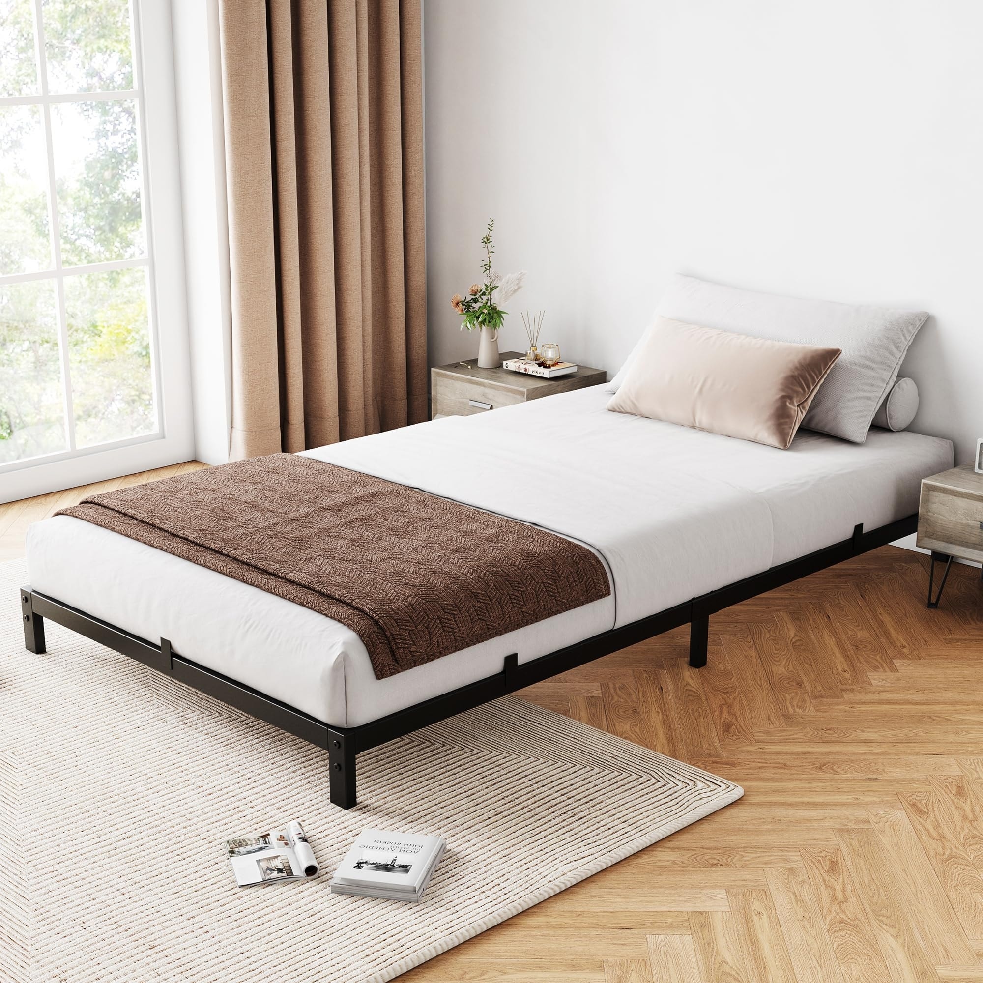 6-Inch Metal Bed Frame, Low Profile Platform, Noise-Free, No Box Spring, Easy Assembly