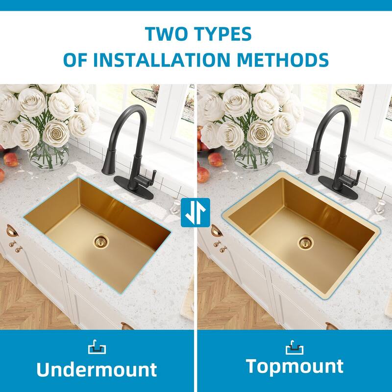 CB HOME 32'' Undermount Kitchen Sink with Gold/Black Kitchen Faucet Combo, Drop in Gold Kitchen Sink with Grid&Roll Up Dish Rack