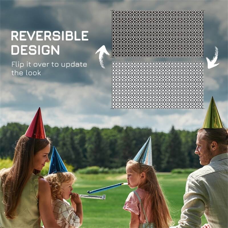 Black & White Clover Pattern Outdoor Rug Reversible Waterproof Polypropylene Camping Mat with Carry Bag - 215.7" L x 107.9" W