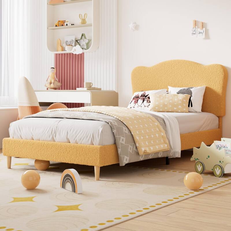 Upholstered Bed Frame, with Scallop Headboard - Yellow - Twin