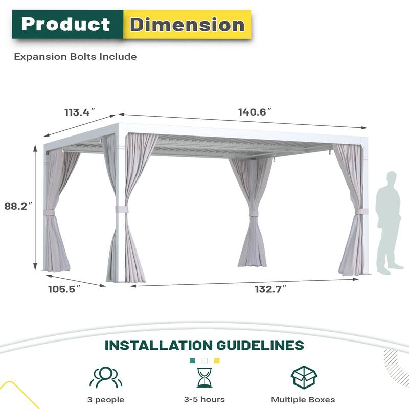 Outdoor Louvered Pergola, Outdoor Patio Hardtop Gazebo, Adjustable Metal Roof Curtains and Netting Included