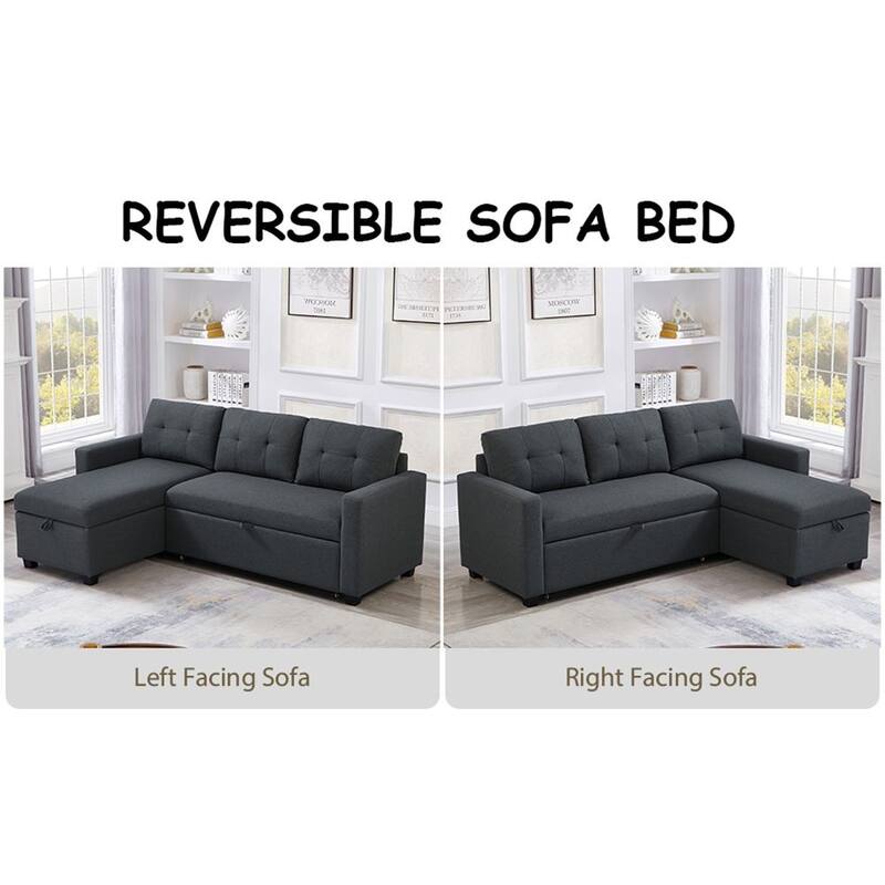 Modern Upholstered Pull Out Sectional Sofa with Storage Chaise