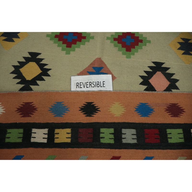 Hand Woven Oriental 100% Wool Carpet Southwestern Modern Green Kilim Area Rug - 10' 7'' X 8' 8''