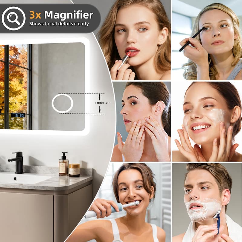 Smart LED Bathroom Mirror with Bluetooth Speaker, Anti-Fog Magnifying