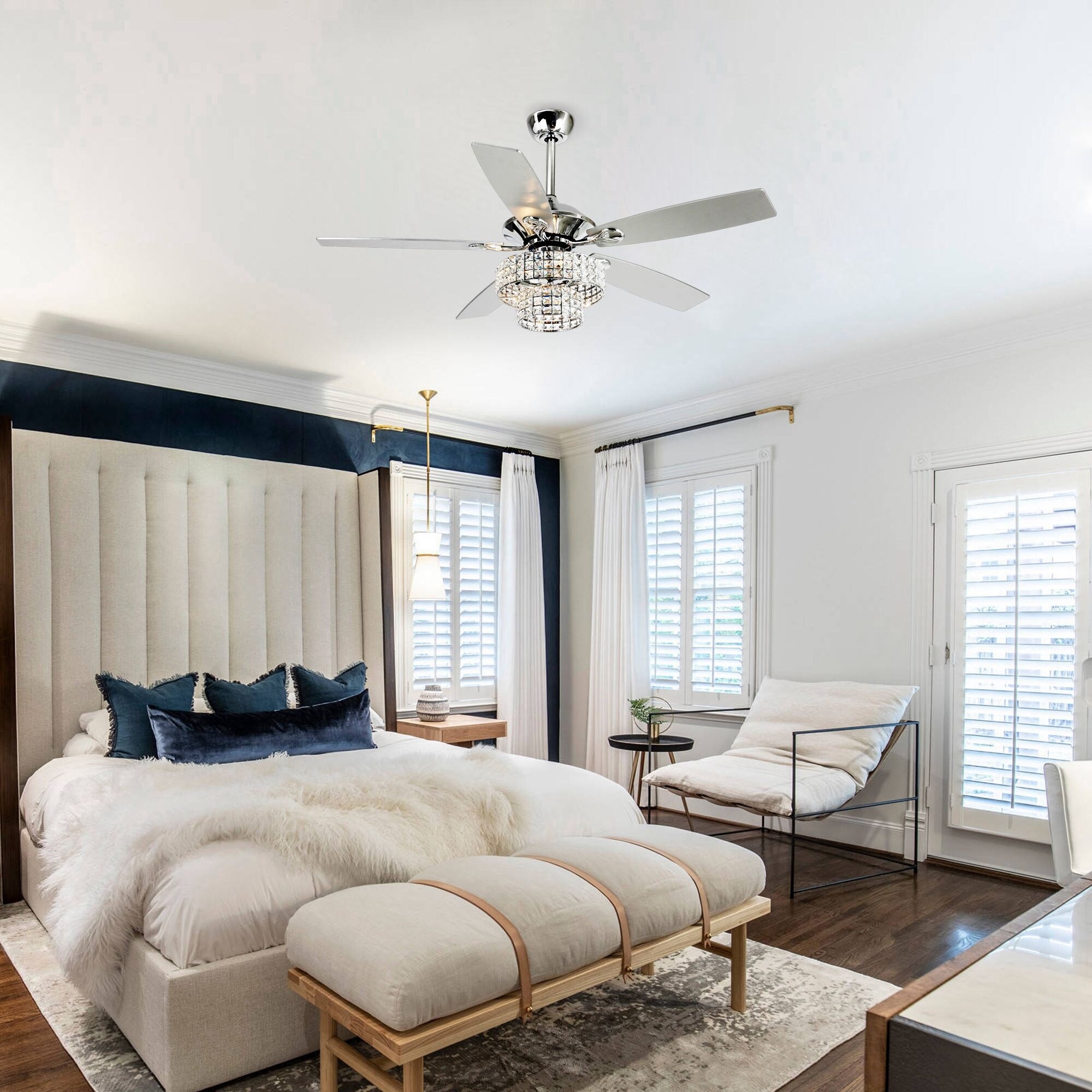 52-inch Chrome Wooden 5-blade Modern Crystal Ceiling Fan with