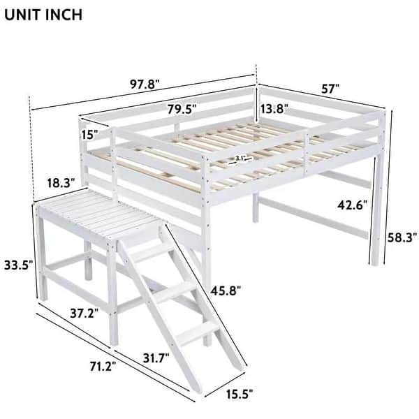 dimension image slide 2 of 4, Twin/Full Size Loft Bed with Platform & Ladder, Wooden Loft Bed Frame