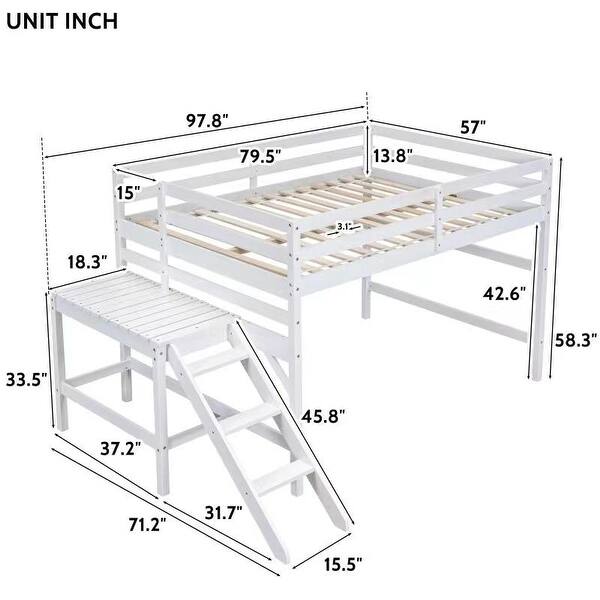 White Full Pine Loft Bed with Platform & Ladder