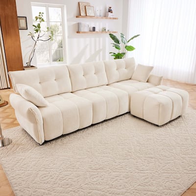Three - Seater Sofa Set with Ottoman and Pillows.,Solid Wood, Textured Chenille, High - Resilience Cushions