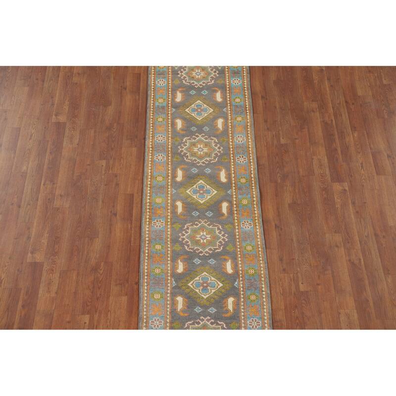 Gray Geometric Kazak Oriental Runner Rug Handmade Grey Wool Carpet - 2'1" x 10'1"