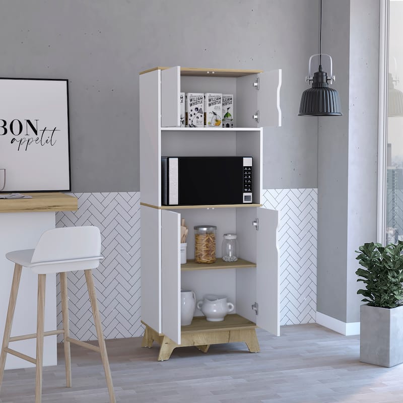 Microwave Tall Cabinet for Kitchen, Dining Room,Living Room, Light Oak / White