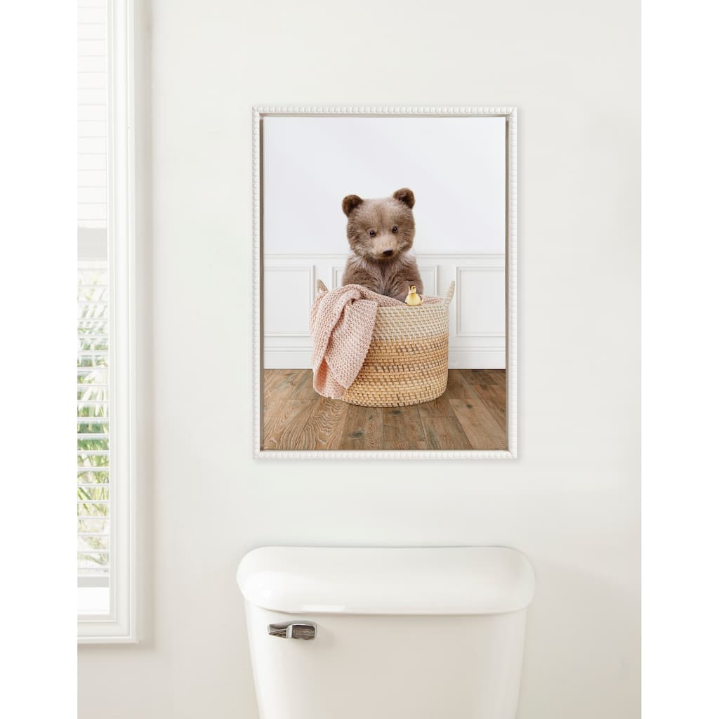 Sylvie Beaded Bear Cub In Laundry Basket Framed Canvas by Amy Peterson