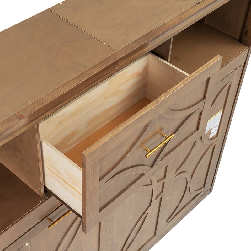 Twin Size Murphy Bed with Charging Station, Drawer, and Storage Cabinets, Wood Finish