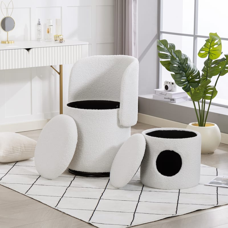 Stylish Upholstered Barrel Chair: 360°Swivel Vanity Stool for Bedroom & Dining Chair, Built-in Storage, Soft Padded Accent Seat