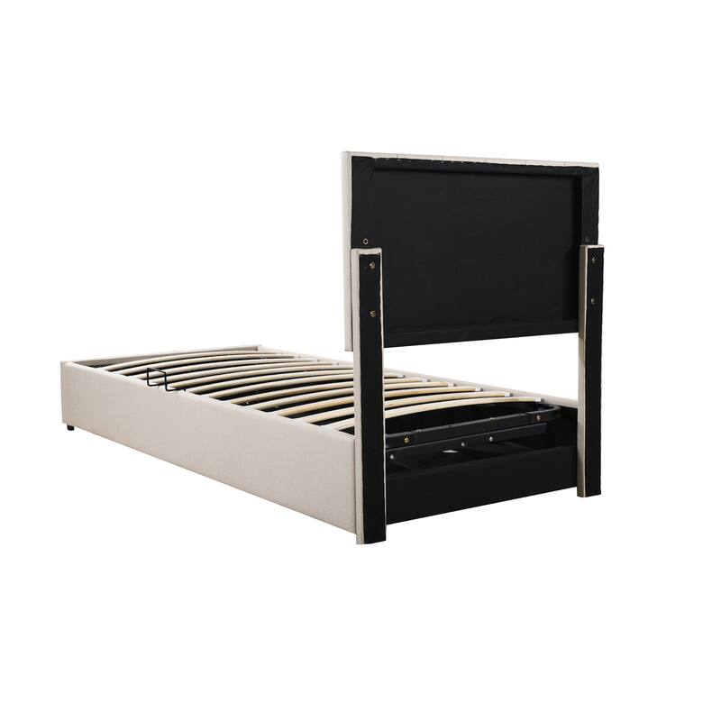Twin Platform Bed with Hydraulic Lift, Stripe Headboard & Storage