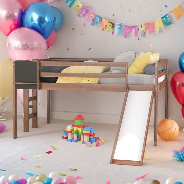 slide 2 of 14, Modern Full Size Wood Loft Bed With Convertible Ladder and Slide With Stair and Chalkboard Walnut