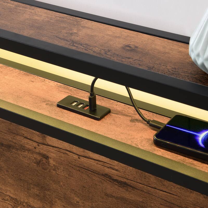 Wooden Platform Bed with Bookcase Headboard, Charging Station, and LED Lights