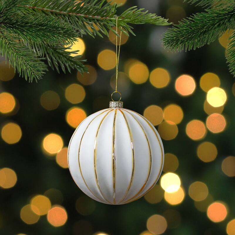 Gold Striped Christmas Glass Ball Ornament - 4" - White and Gold