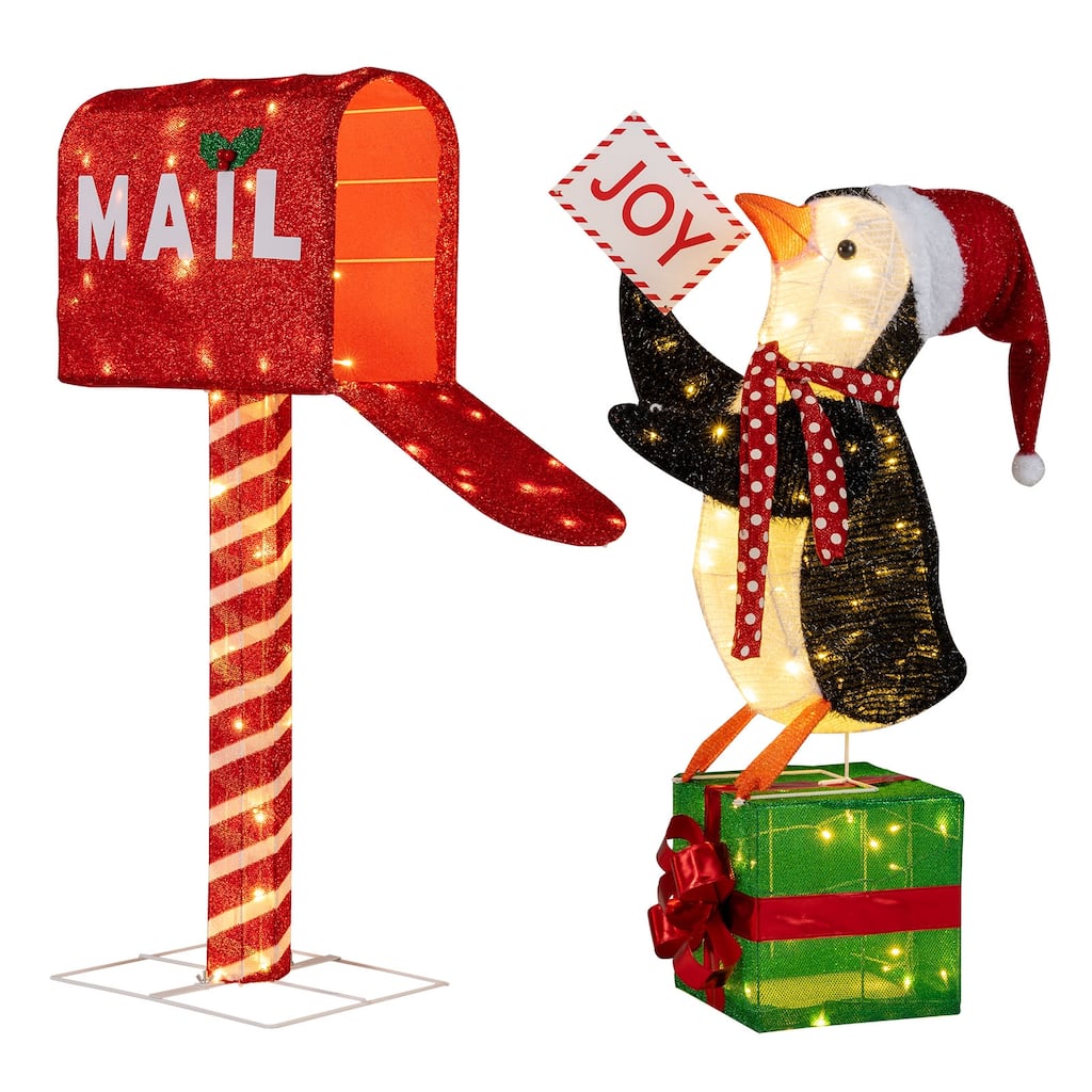 Gymax Lighted Christmas Decoration Mailbox & Penguin w/160 LED Lights - Red