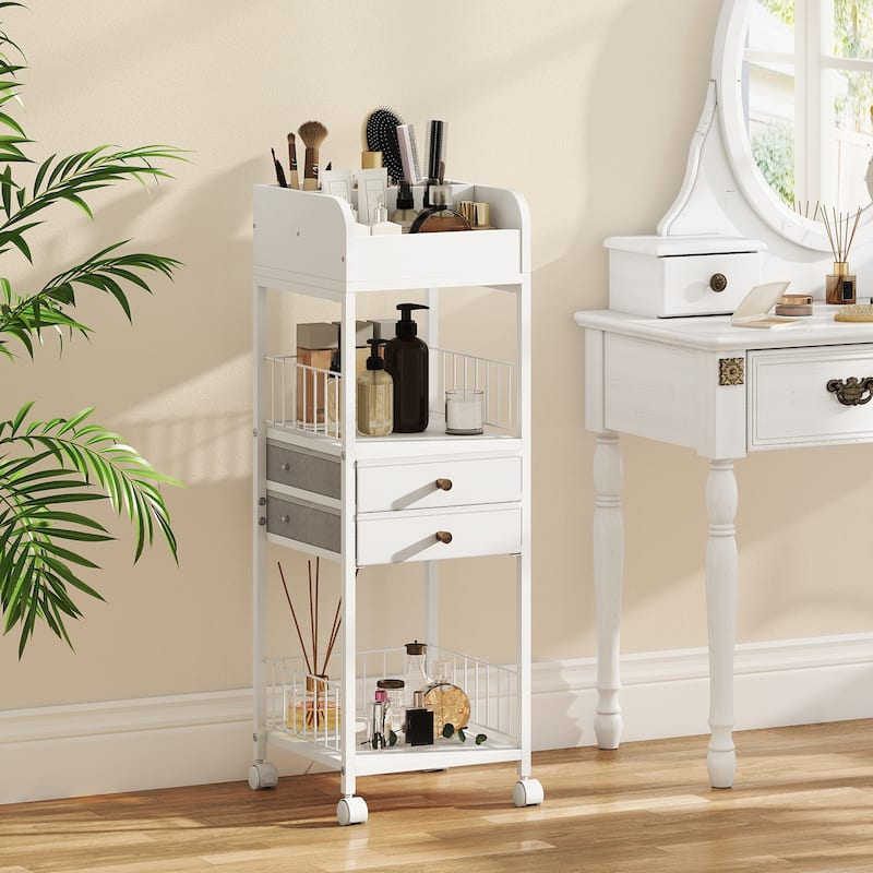 White Rolling Makeup Organizer with Drawers and Shelves Metal Vanity Storage Cart with Wheels - 12" x 12" x 35.5" - White