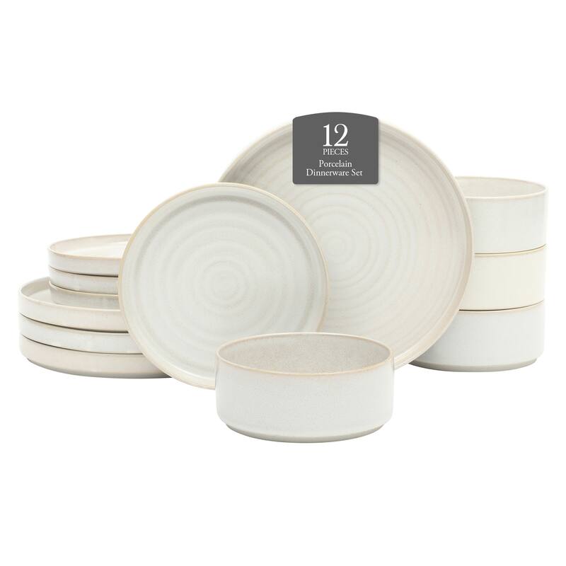 Gibson Elite Echo Bay 12 Piece Porcelain Reactive Glaze (Service for 4) Ceramic Plates and Bowls Dinnerware Set