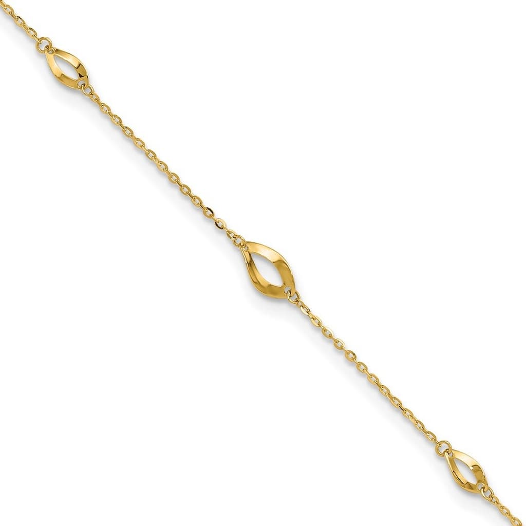 Curata 14k Yellow Gold 6 station Oval Link Plus 1in Ext Anklet 9 Inch