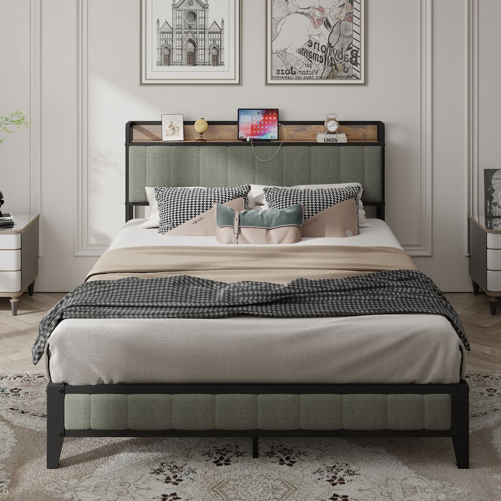 Queen Size Bed Frame with Charging, Upholstered Headboard, Metal Platform, Grey