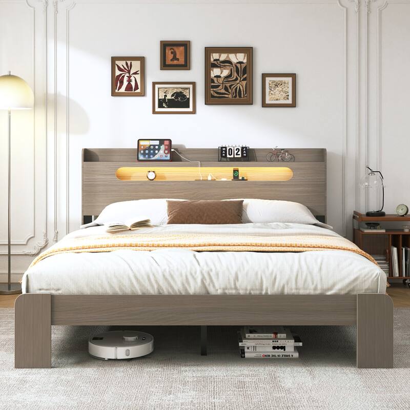 Bed Frame Queen Size, Wood Platform Bed Frame with Storage LED Light Headboard and 2 USB, Noise Free, Large Under Bed Storage - DARK GREY
