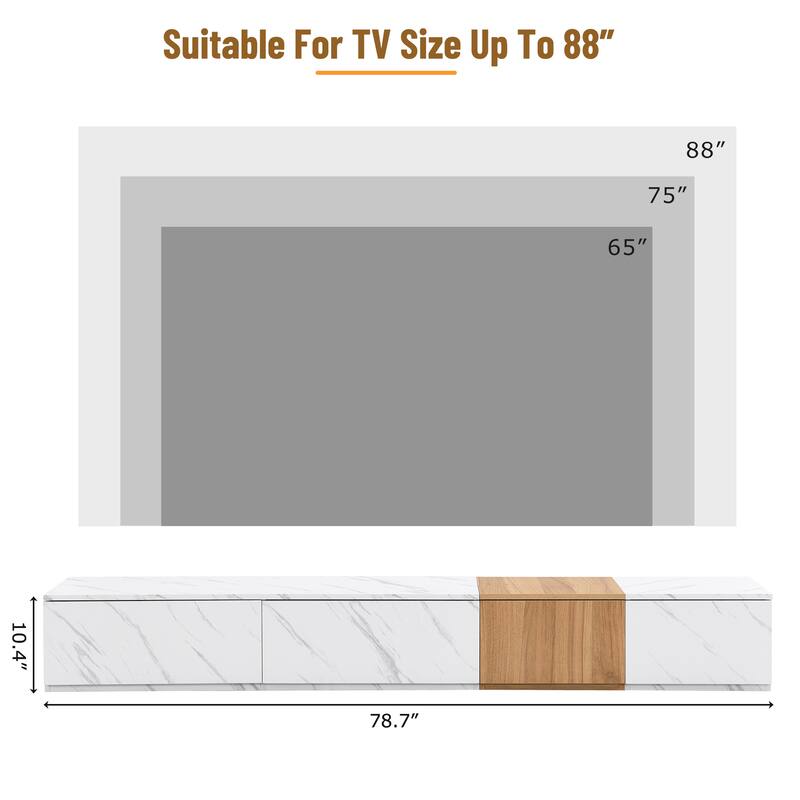 Modern Fashion TV Stand, for TVs Up to 88'' with Faux Marble and Walnut Wood Grain, 4 Storage Drawers, for Living Rooms, White