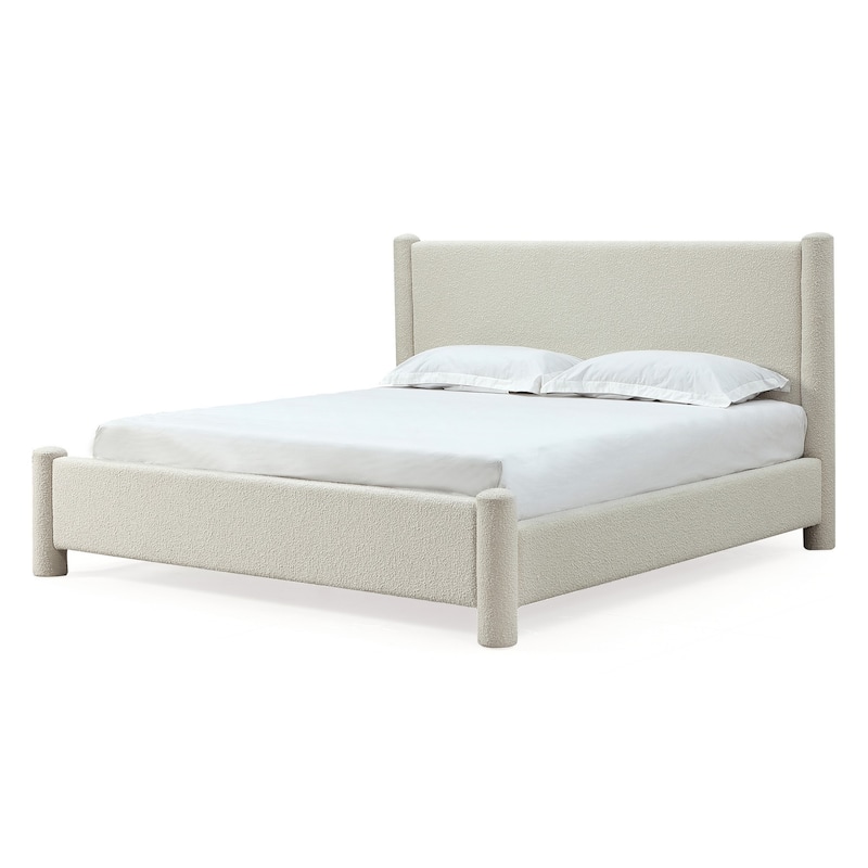 Kizo King Size Platform Bed, Cream Boucle Fabric, Panel Headboard, Slats