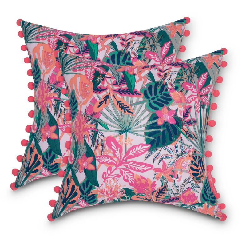 Vera Bradley by Classic Accessories Water-Resistant Accent Pillows, 18 x 18 x 8 Inch, 2 Pack - Rain Forest Canopy Coral