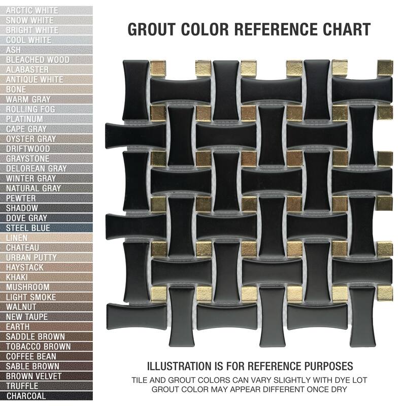 Merola Tile Metro Dog Bone Basketweave Matte Black with Glass Gold Dot 10" x 10" Porcelain Mosaic Wall Tile