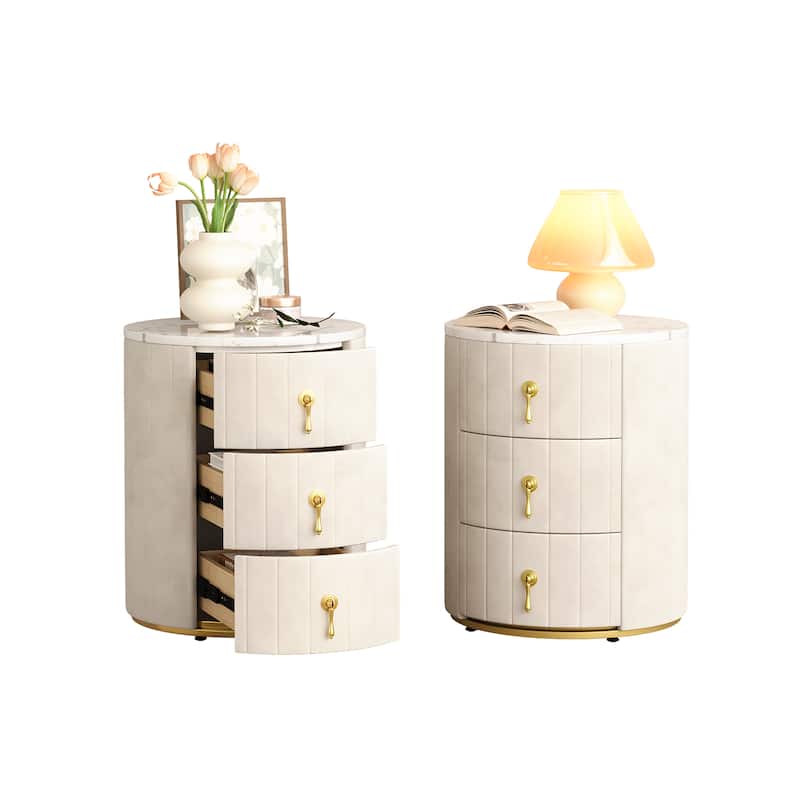Roomfitters 2-Piece Upholstered Round Nightstands with 3 Drawers, Bedside Tables with Metal Handles and Marble-Pattern Top