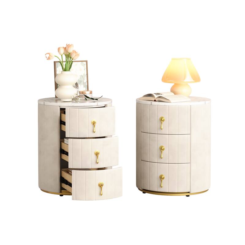 Set of 2 Upholstered 3-Drawer Nightstands - Round Marbling Top Bedside Table (Fully Assembled Except Handles, Beige)