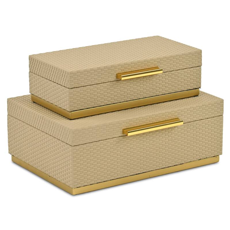 Tamsin Set of 2 Rectangular Decorative Storage Boxes - Wicker Weave Pattern with Gold Hardware