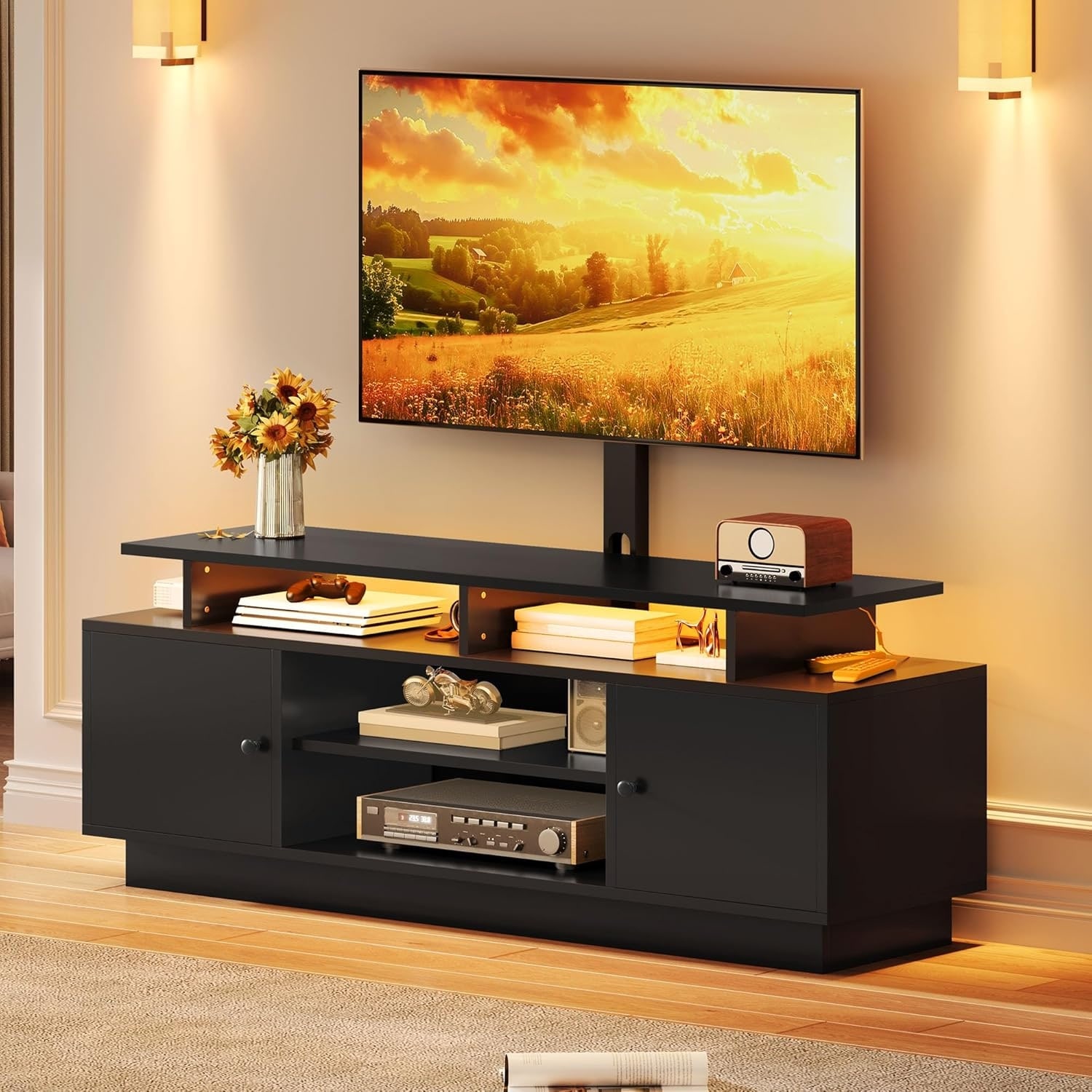 TV Stand with Mount for Up to 65", Entertainment Center with Power & LED Lights, Modern Console for Living Room - Black
