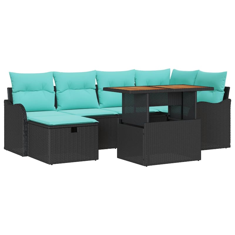 vidaXL 7 Garden Sofa Set with Cushions Black/Grey Poly Rattan - 91.5 x 48.2 x 27.2